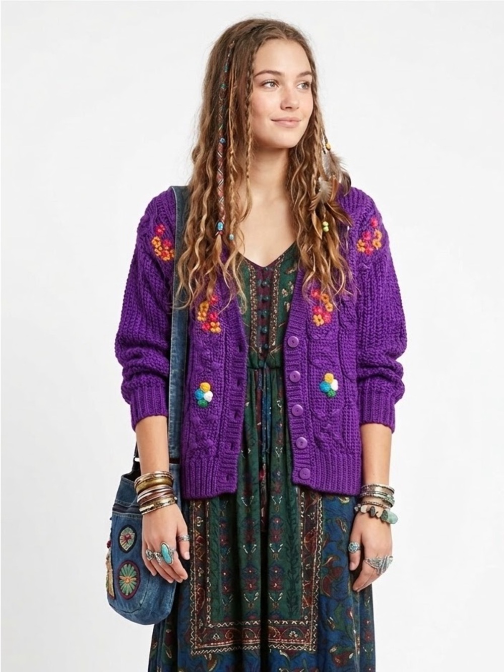 Boho Cottagecore Royal Purple Cable Knit Cardigan Embroidered Floral Cozycore